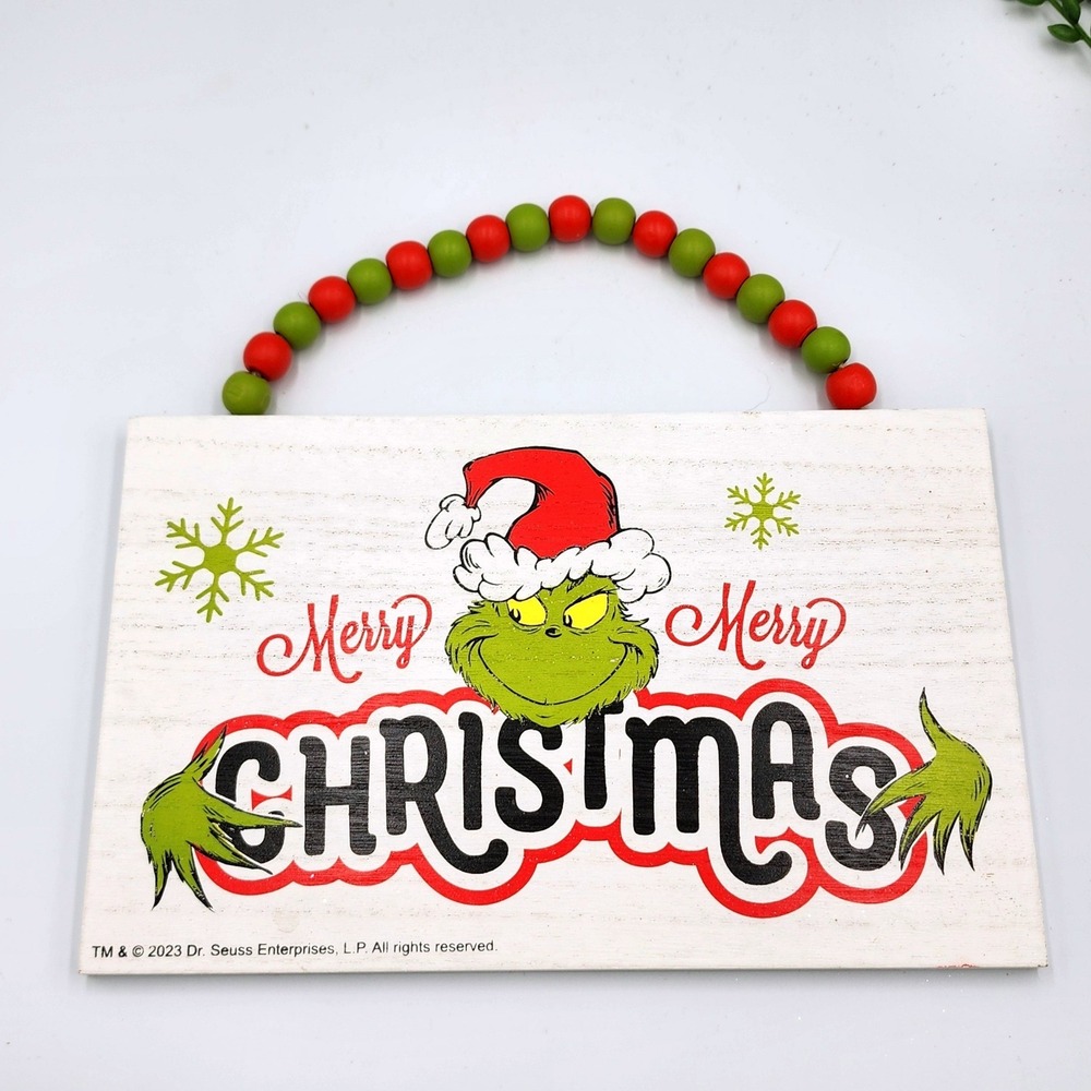 Dr. Seuss Grinch Wood Merry Christmas Sign Plaque Red Green Beaded Hanger 10 in - Picture 1 of 3